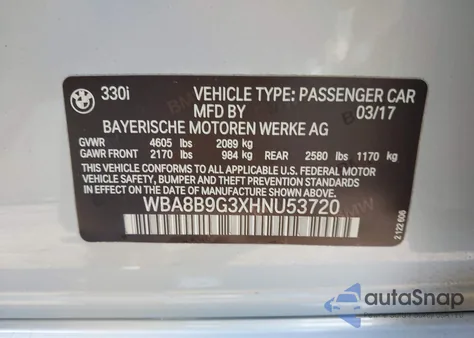 2017 BMW 330I из США, поврежденный, VIN WBA8B9G3XHNU53720